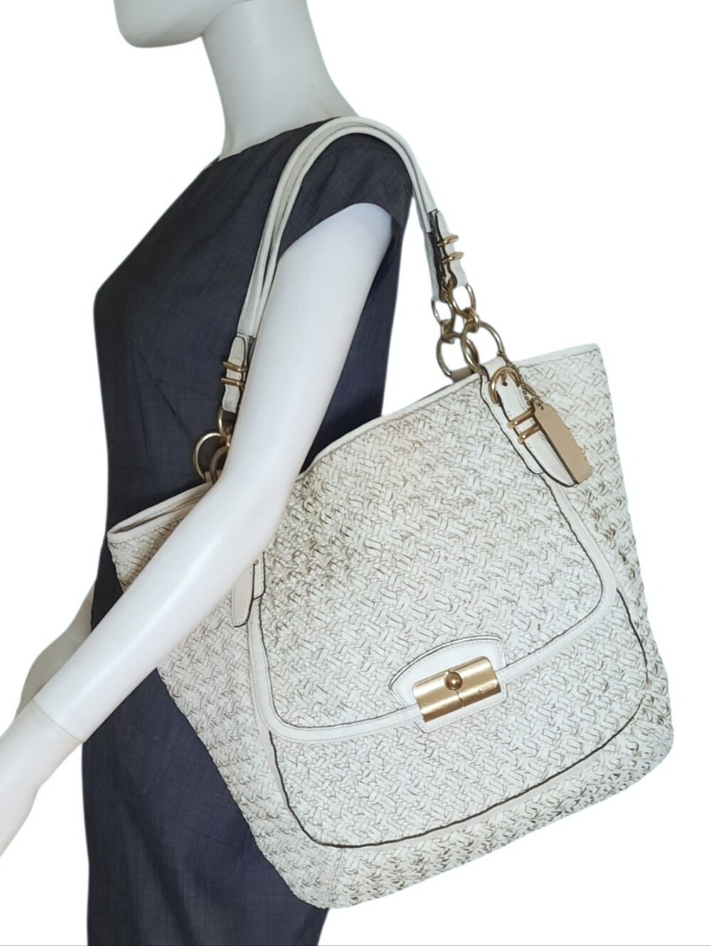 COACH Kristin Pinnacle Woven Leather Tote Bag #19386 Ivory w/Brass Hardware